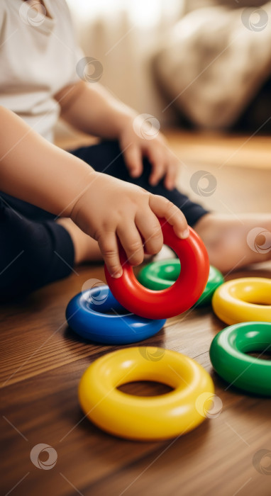 Скачать Малыш играет с разноцветными игрушечными кольцами, раскладывающимися на деревянном полу. Малыш учится развивать мелкую моторику. Дошкольное образование. фотосток Ozero