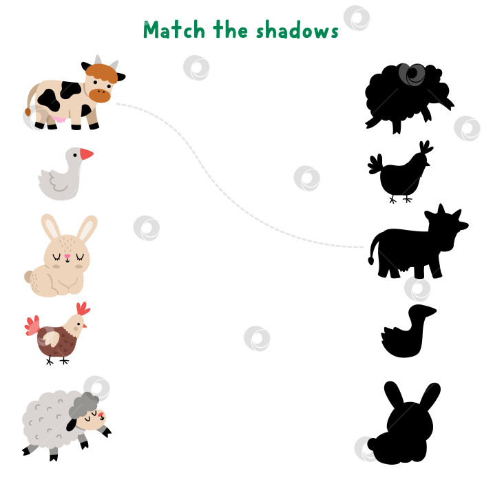 Скачать Задание по подбору теней в пасхальной деревне с участием сельскохозяйственных животных и птиц. Пазл "Весенний праздник" с изображением милой коровы, гуся, кролика, курицы, овцы. Найдите правильный силуэт на листе для печати, игре, странице для детей фотосток Ozero