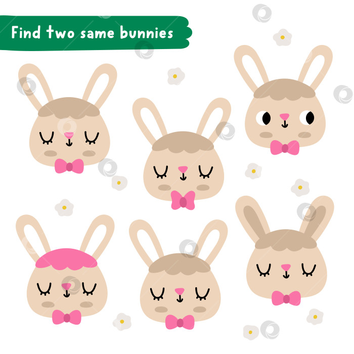 Скачать Найди двух одинаковых кроликов. Задание для детей по подбору кроликов в пасхальной деревне. Развивающая викторина для детей на весенний праздник. Игра для печати с милыми заячьими мордочками фотосток Ozero