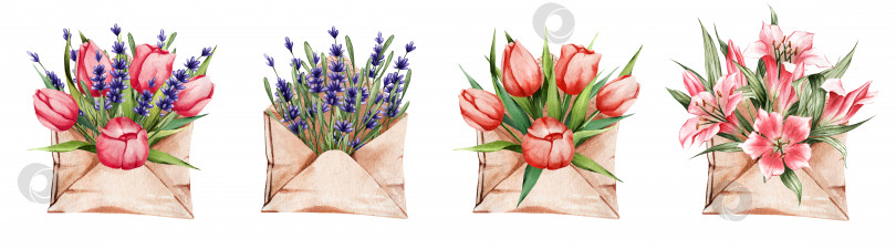 Скачать Набор акварельных конвертов с весенними цветами. Лаванда, лилии, тюльпаны в конвертах. Подходит для наклеек, открыток и т.д. фотосток Ozero