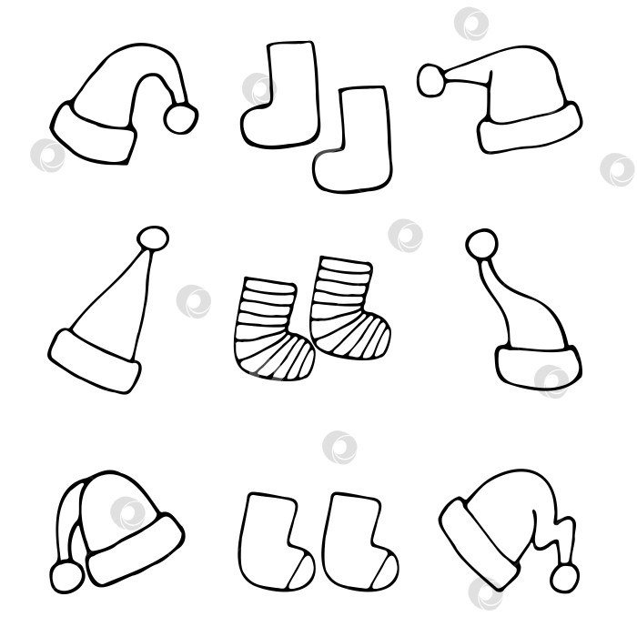 Скачать набор контурных рисунков носков и шапочек Санты, нарисованных от руки на белом фоне. фотосток Ozero