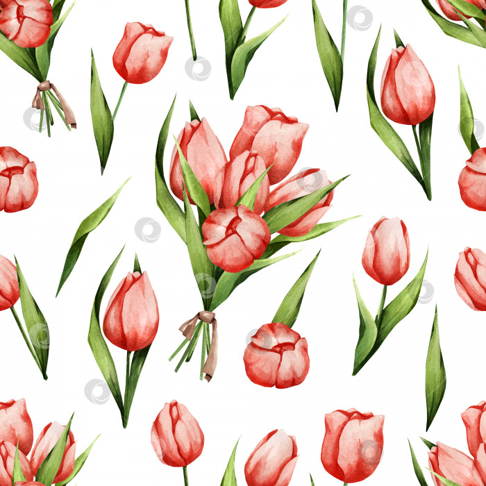 Скачать Цветочный акварельный узор с красными тюльпанами. Весенний фон. Подходит для текстиля, теста, подарков, оберточной бумаги и т.д фотосток Ozero