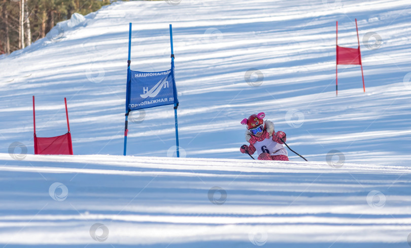 Скачать Россия, г. Красноярск, 16 марта 2025 года. Маленькая девочка в розовом костюме с ушками, катается на лыжах по снежному склону. фотосток Ozero