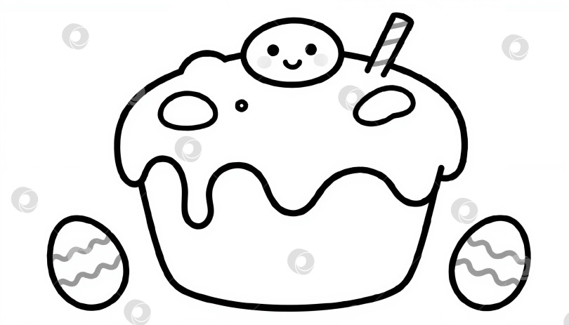 Скачать Кулич с глазками, ротиком и яйцами  в стиле мультфильма, черно-белый контур фотосток Ozero