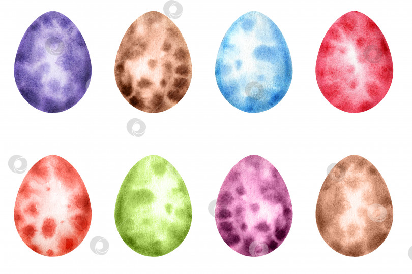 Скачать Разноцветные пасхальные яйца для празднования Пасхи. Акварельная иллюстрация птичьих яиц. Набор элементов на белом фоне фотосток Ozero