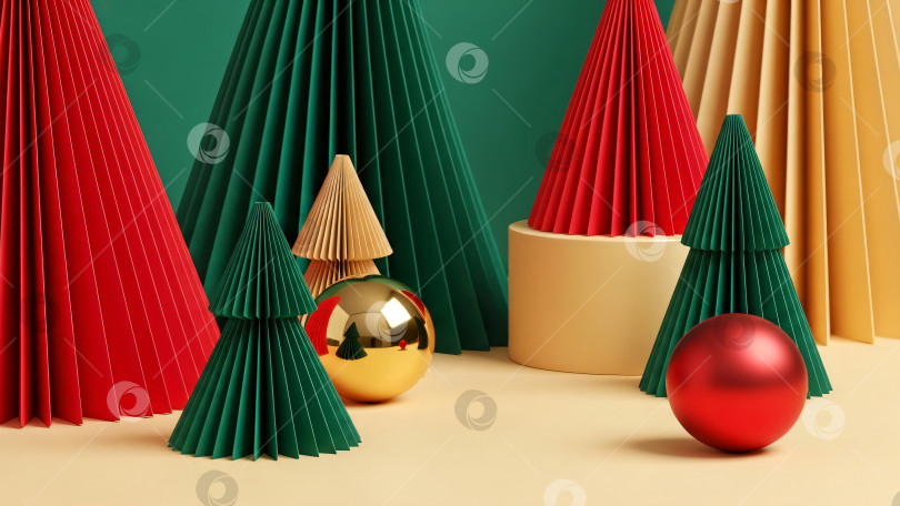 Скачать Праздничная рождественская елка и орнамент из красной и зеленой бумаги. Современное праздничное оформление новогодней открытки. Шаблон баннера с минималистичным фоном для празднования зимнего сезона. фотосток Ozero