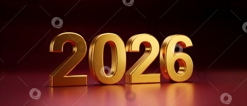 Скачать Золотая металлическая цифра 2026 года на темно-красном фоне. Баннер-шаблон годового календаря для бизнеса, празднования, нового года, Рождества и праздничных открыток с возможностью копирования. фотосток Ozero