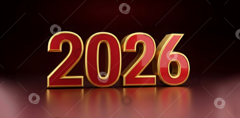 Скачать Красный номер 2026 года с золотой окантовкой на красном фоне. Шаблон баннера для празднования Нового года и концепция счастливого будущего. Дизайн поздравительной открытки с возможностью копирования. фотосток Ozero