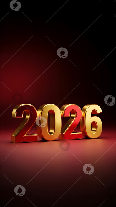 Скачать Золотые и красные металлические слова с номером 2026 на темно-красном фоне. Вертикальный шаблон годового календаря для бизнеса, празднования, нового года, Рождества и праздничных открыток. фотосток Ozero