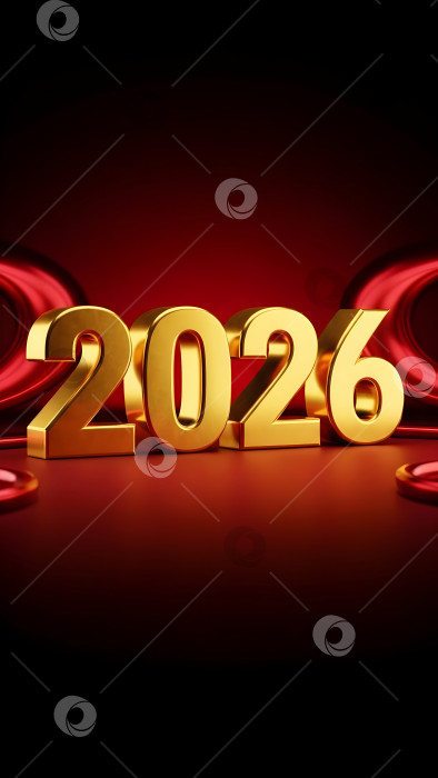 Скачать Золотая металлическая цифра 2026 года на темно-красном фоне. Вертикальный шаблон годового календаря для бизнеса, празднования, нового года, Рождества и праздничных открыток. фотосток Ozero