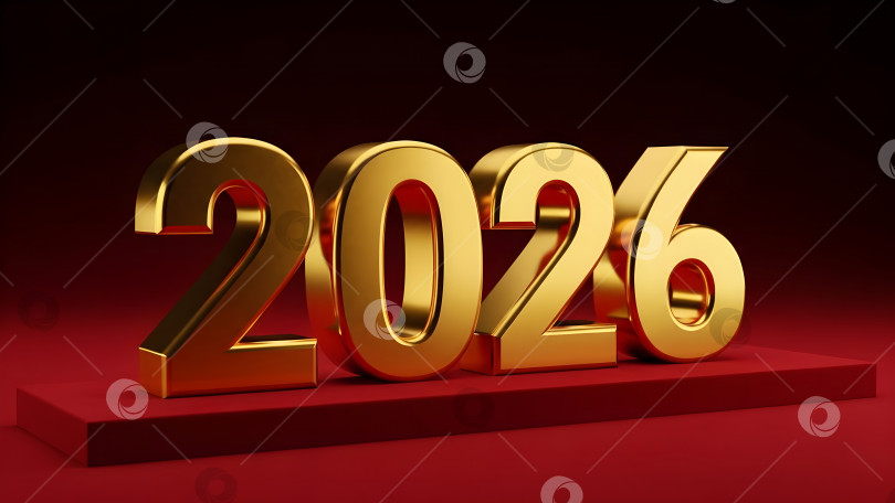 Скачать Золотой металлический номер 2026 года на темно-красном фоне. Шаблон баннера для празднования Нового года и концепция счастливого будущего. Дизайн поздравительного плаката или открытки с возможностью копирования. фотосток Ozero
