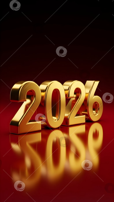 Скачать Золотая металлическая цифра 2026 года на темно-красном фоне. Вертикальный шаблон годового календаря для деловых встреч, торжеств, нового года, Рождества и праздничных открыток с пространством для копирования. фотосток Ozero