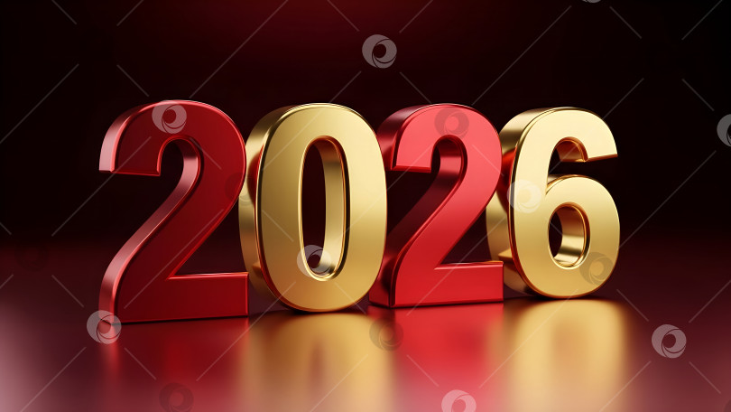 Скачать Золотая металлическая цифра 2026 года на темно-красном фоне. Баннер-шаблон годового календаря для бизнеса, празднования, нового года, Рождества и праздничных открыток с возможностью копирования. фотосток Ozero