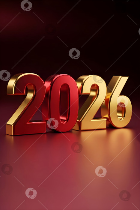 Скачать Золотые и красные металлические слова с номером 2026 на темно-красном фоне. Вертикальный шаблон годового календаря для бизнеса, празднования, нового года, Рождества и праздничных открыток. фотосток Ozero