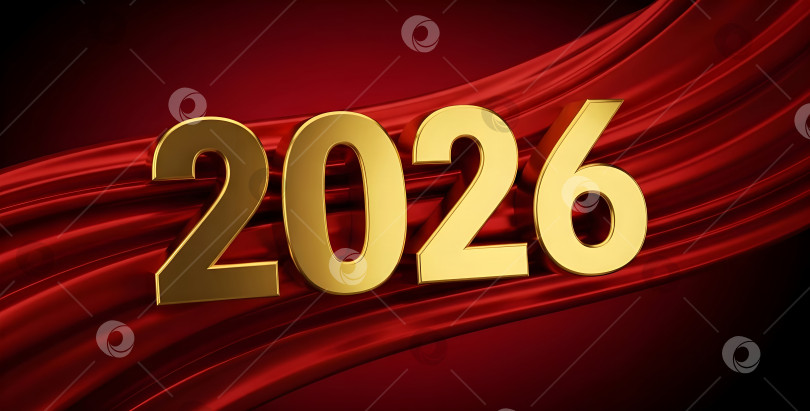 Скачать Золотая цифра 2026 года на фоне красной шелковой ткани. Шаблон баннера для новогодней поздравительной открытки, празднования и праздничного дизайна с возможностью копирования. фотосток Ozero