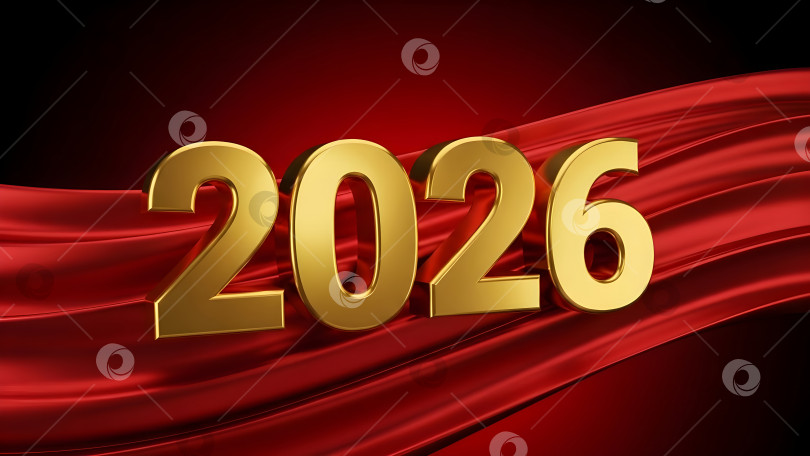 Скачать Золотая цифра 2026 года на фоне красной шелковой ткани. Шаблон баннера для новогодней поздравительной открытки, празднования и праздничного дизайна с возможностью копирования. фотосток Ozero