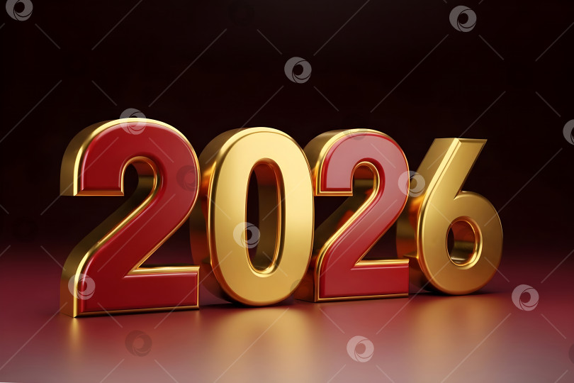 Скачать Золотая металлическая цифра 2026 года на темно-красном фоне. Баннер-шаблон годового календаря для бизнеса, празднования, нового года, Рождества и праздничных открыток с возможностью копирования. фотосток Ozero