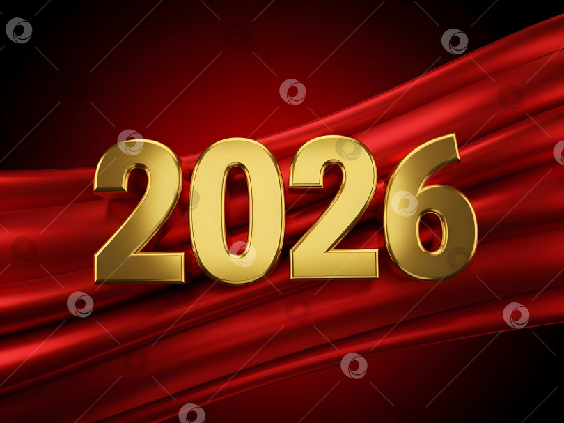Скачать Золотые слова с номером 2026 года на фоне красной шелковой ткани. Шаблон дизайна для новогодней поздравительной открытки, празднования и праздничного оформления с возможностью копирования. фотосток Ozero
