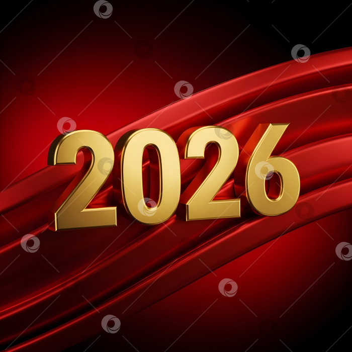 Скачать Золотая цифра 2026 года на фоне красной шелковой ткани. Шаблон дизайна для новогодней поздравительной открытки, празднования и праздничного оформления с возможностью копирования. фотосток Ozero