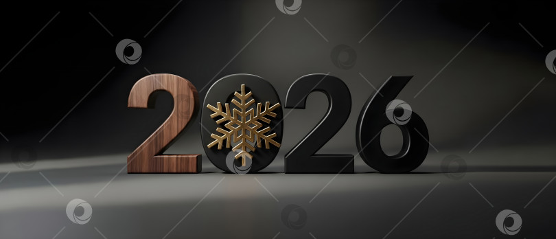 Скачать Номер 2026 года из темного дерева с золотой снежинкой на сером фоне. Концепция баннера для празднования зимнего сезона Нового года и Рождества для дизайна календаря в copyspace. фотосток Ozero