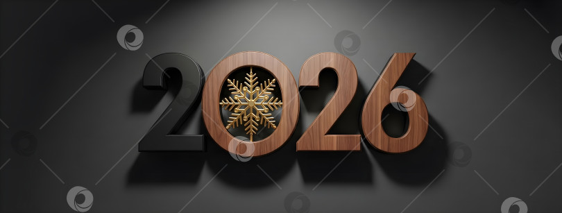 Скачать Номер 2026 года из темного дерева с золотой снежинкой на сером фоне. Концепция баннера для празднования зимнего сезона Нового года и Рождества для дизайна календаря в copyspace. фотосток Ozero