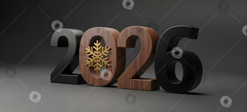 Скачать Номер 2026 года из темного дерева с золотой снежинкой на сером фоне. Концепция баннера для празднования зимнего сезона Нового года и Рождества для дизайна календаря в copyspace. фотосток Ozero