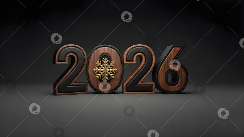 Скачать Номер 2026 года из темного дерева с золотой снежинкой на сером фоне. Концепция баннера для празднования зимнего сезона Нового года и Рождества для дизайна календаря в copyspace. фотосток Ozero