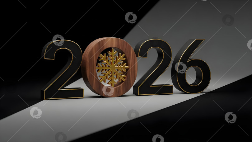 Скачать Темный номер 2026 года с золотой снежинкой на черно-белом геометрическом фоне. Концепция баннера для празднования зимнего сезона Нового года и Рождества для дизайна календаря в copyspace. фотосток Ozero