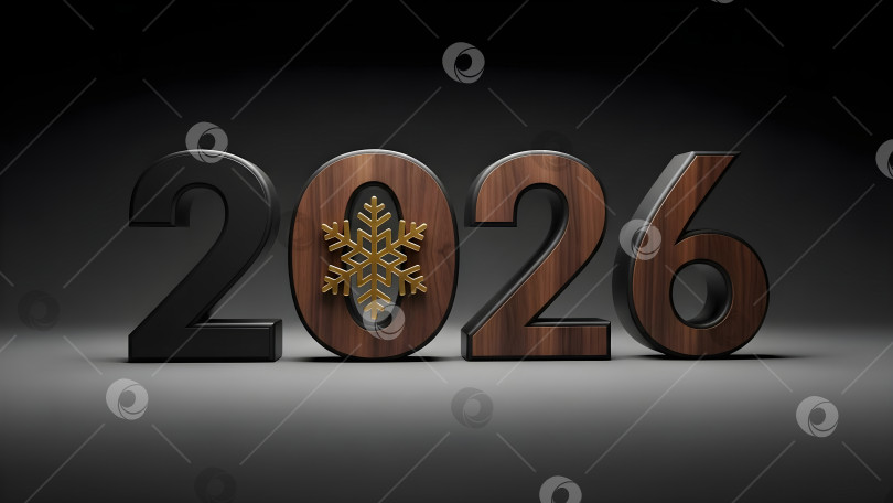 Скачать Номер 2026 года из темного дерева с золотой снежинкой на сером фоне. Концепция баннера для празднования зимнего сезона Нового года и Рождества для дизайна календаря в copyspace. фотосток Ozero