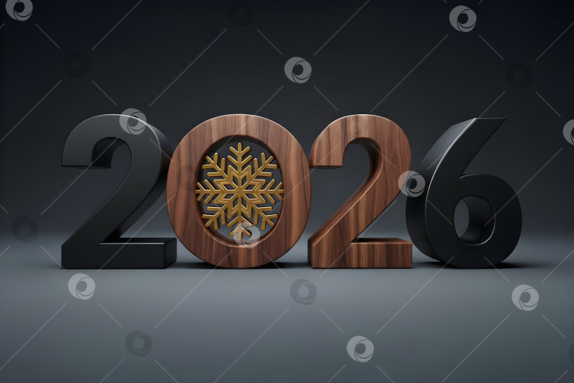 Скачать Номер 2026 года из темного дерева с золотой снежинкой на сером фоне. Концепция баннера для празднования зимнего сезона Нового года и Рождества для дизайна календаря в copyspace. фотосток Ozero