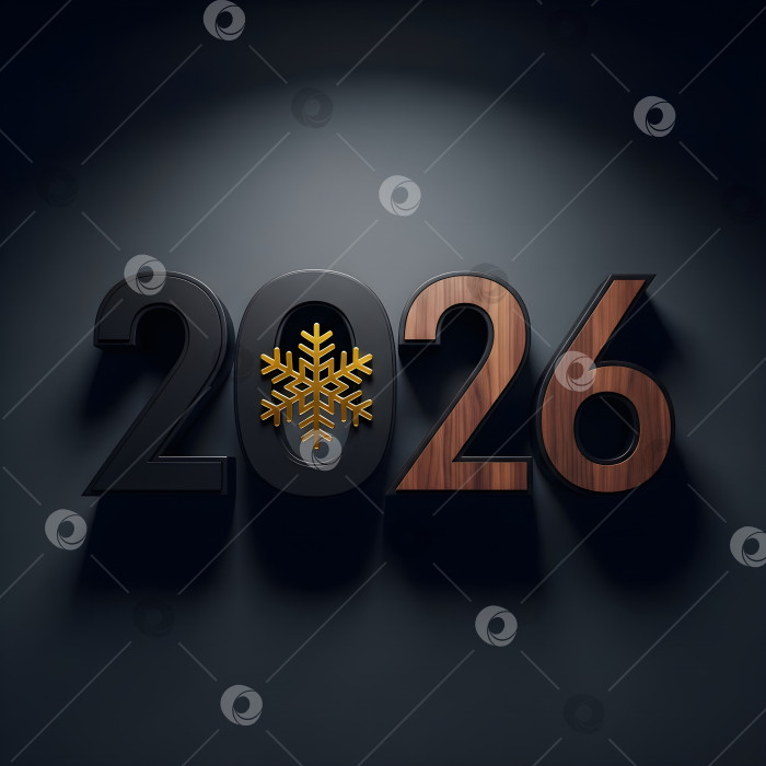 Скачать Номер 2026 года из темного дерева с золотой снежинкой на сером фоне. Концепция площади для празднования Нового года и Рождества в зимний сезон для дизайна календаря copyspace. фотосток Ozero