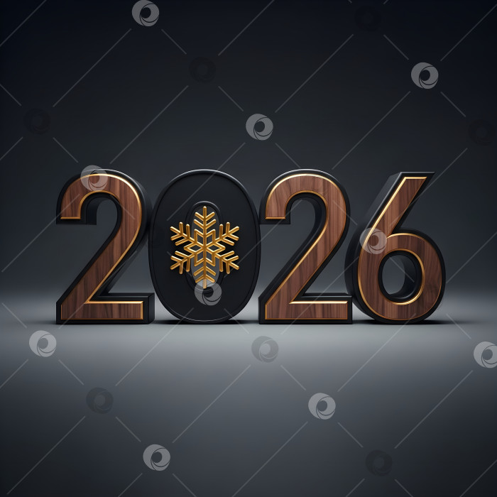 Скачать Номер 2026 года из темного дерева с золотой снежинкой на сером фоне. Концепция площади для празднования Нового года и Рождества в зимний сезон для дизайна календаря с использованием copyspace. фотосток Ozero