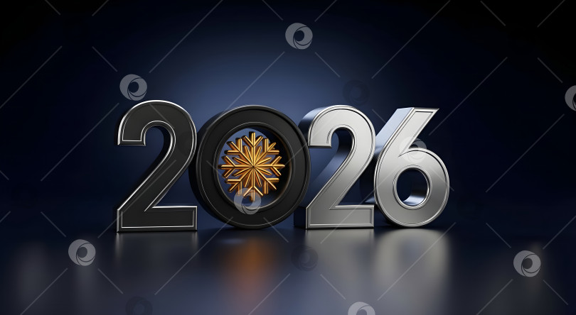 Скачать Цифра 2026 года с золотой снежинкой в нуле на темно-синем фоне. Шаблон баннера для празднования Нового года и концепции зимних праздников для календаря и поздравительной открытки с возможностью копирования. фотосток Ozero