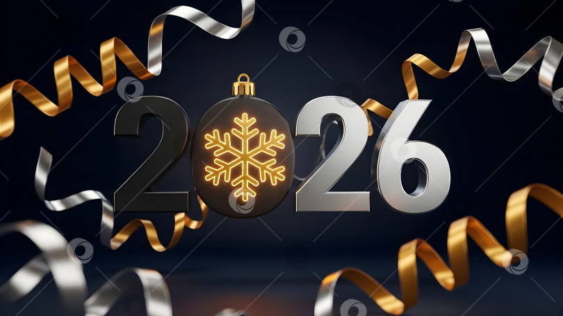 Скачать Цифра 2026 года с золотой снежинкой в нулевой точке на темно-синем фоне. Шаблон баннера для празднования Нового года и концепции зимних праздников для календаря и поздравительной открытки с возможностью копирования. фотосток Ozero