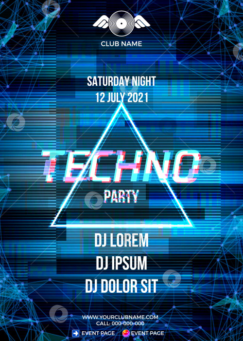 Скачать Плакат Glitch party с синим фоном и треугольником для техно-вечеринки фотосток Ozero