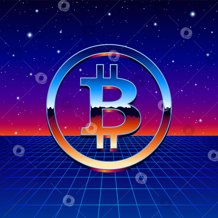 Скачать Хромированная вывеска Bitcoin с научно-фантастической футуристической неоновой сеткой фотосток Ozero