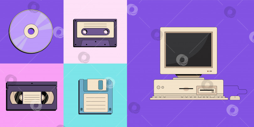 Скачать Вернемся в 90-е годы. Старомодный векторный плоский набор из старого компьютерного ПК, винтажной видеокассеты, ретро-дискеты, кассеты магнитофона и компакт-диска фотосток Ozero