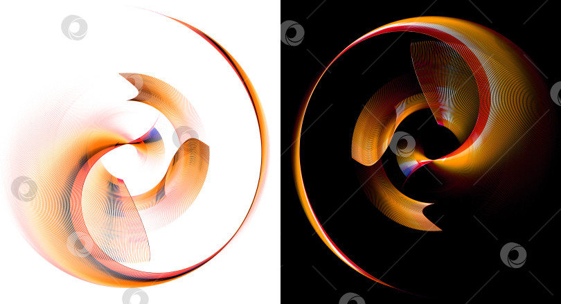 Скачать Абстрактные полосатые желто-оранжевые многослойные изогнутые лезвия на белом и черном фоне. Иконка, логотип, символ, вывеска. Набор. 3D-рендеринг. 3D-иллюстрация. фотосток Ozero