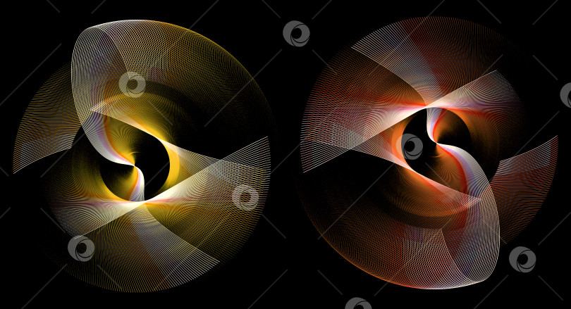 Скачать Абстрактные полосатые желтые и оранжевые изогнутые лезвия, пересекающиеся и вращающиеся на черном фоне. Иконка, логотип, символ, вывеска. Набор. 3D-рендеринг. 3D-иллюстрация. фотосток Ozero