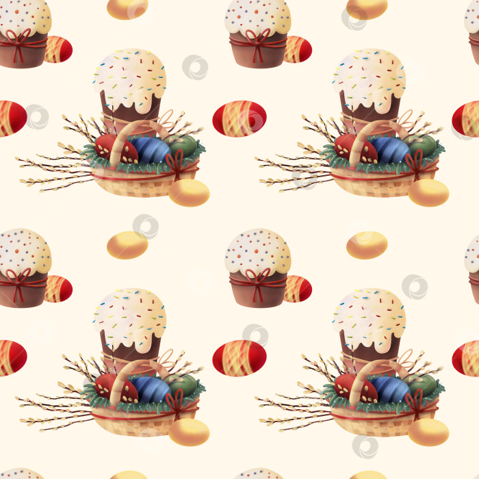 Скачать Пасхальный узор с куличами, корзинками, наполненными яйцами, и ветками вербы, расположенными в повторяющемся порядке на светлом фоне, подходит для оберточной бумаги, текстиля, праздничного декора и весенних проектов. фотосток Ozero