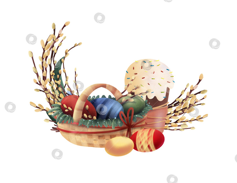 Скачать Пасхальная корзина с крашеными яйцами, праздничным куличом и пучком веток ивы в мягком фактурном стиле на белом фоне, подходящая для поздравительных открыток, праздничного декора и сезонного дизайна фотосток Ozero