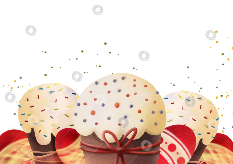 Скачать Пасхальные куличи с глазурью, разноцветной посыпкой и декоративными яйцами, собранные в праздничную композицию, подходят для сезонных открыток, упаковки, графики в социальных сетях и оформления весенних праздников фотосток Ozero