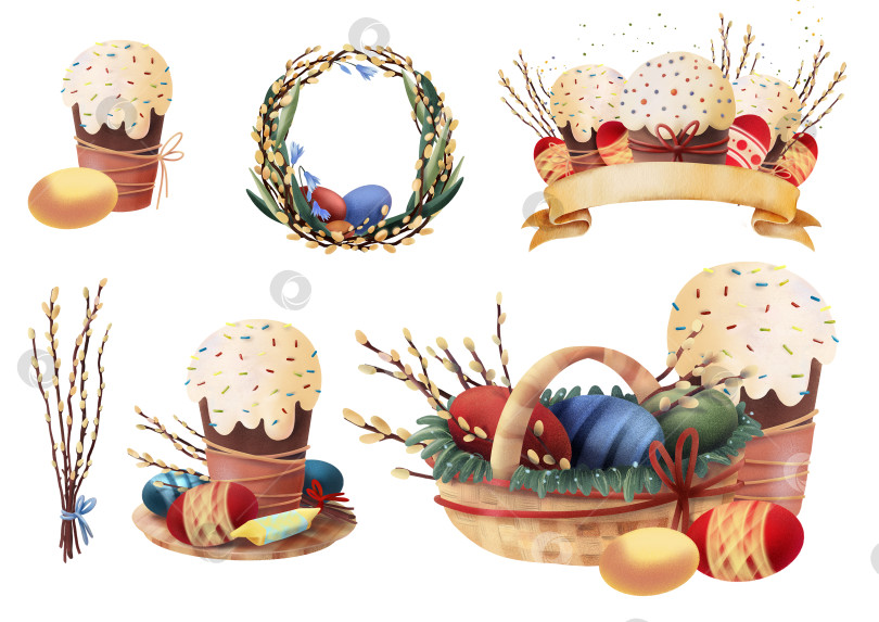 Скачать Набор пасхальных наклеек с изображением яиц, куличей, корзинки и веток ивы, выполненных в мягком текстурном стиле на белом фоне, идеально подходит для праздничных открыток, этикеток, упаковки и сезонного дизайна фотосток Ozero