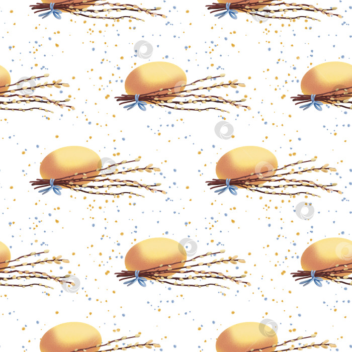 Скачать Бесшовный узор с пасхальным яйцом, ветками ивы и мягкими разноцветными вкраплениями на белом фоне подходит для праздничной упаковки, текстиля, скрапбукинга и сезонного дизайна. фотосток Ozero