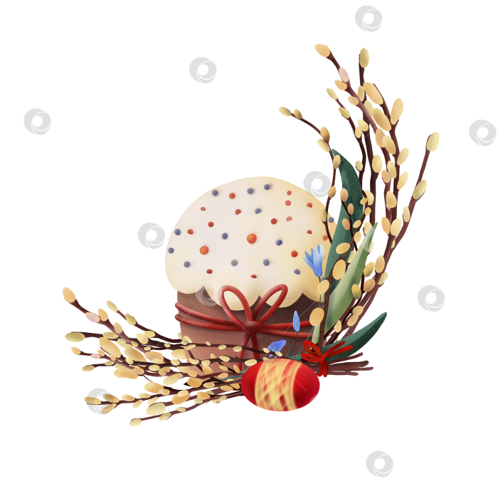 Скачать Пасхальный кулич с глазурью, декоративное яйцо и веточки вербы, собранные в праздничную композицию на светлом фоне. Праздничный весенний клипарт, подходящий для открыток, принтов и сезонного дизайна. фотосток Ozero