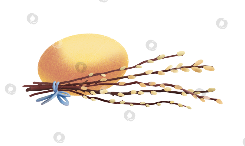 Скачать Желтое пасхальное яйцо с пучком ивовых веток, перевязанное голубой лентой, выполненное в мягком фактурном стиле на белом фоне, подходит для открыток, декора и праздничного оформления фотосток Ozero