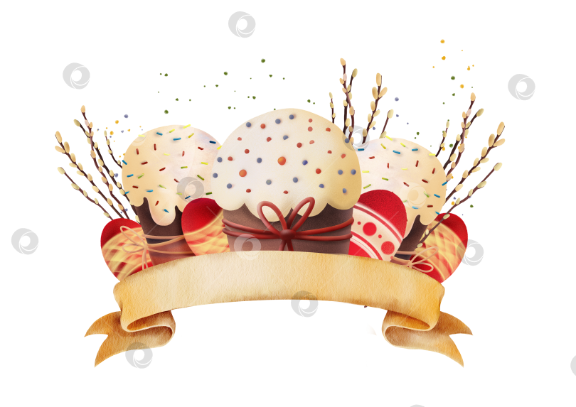 Скачать Пасхальная композиция с праздничными куличками, крашеными яйцами, ветками вербы и декоративной лентой в мягком фактурном стиле на белом фоне, подходящая для поздравительных открыток, праздничного декора фотосток Ozero