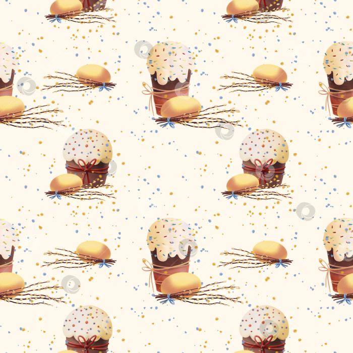 Скачать Бесшовный пасхальный узор с традиционными куличками, крашеными яйцами, ветками вербы и разноцветным конфетти на светлом фоне подходит для упаковки, текстиля, поздравительных открыток и праздничного декора. фотосток Ozero