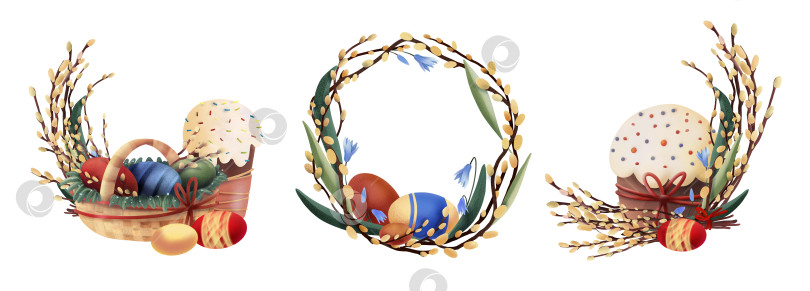 Скачать Пасхальный набор клипартов с куличом, корзиной крашеных яиц, ивовым венком и весенними цветами, подходящий для поздравительных открыток, плакатов, упаковки, скрапбукинга и праздничного оформления фотосток Ozero