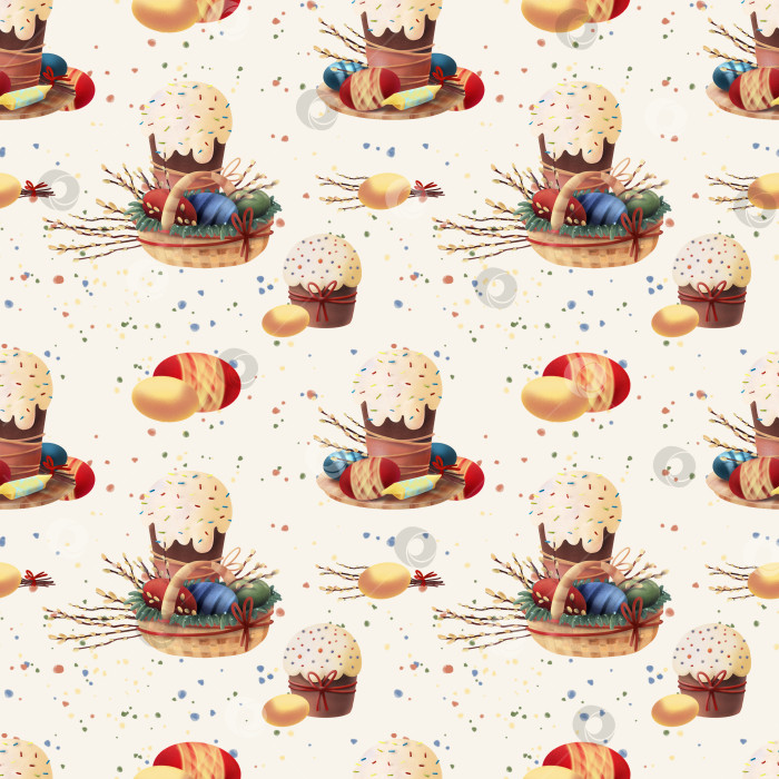 Скачать Бесшовный пасхальный узор с изображением кексов с глазурью, крашеных яиц, веток вербы и мягких брызг, подходит для праздничной оберточной бумаги, текстильных принтов, упаковки фотосток Ozero